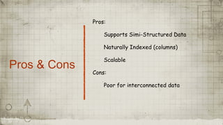 Pros & Cons
Pros:
Supports Simi-Structured Data
Naturally Indexed (columns)
Scalable
Cons:
Poor for interconnected data
 