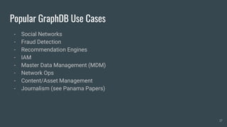 Popular GraphDB Use Cases
- Social Networks
- Fraud Detection
- Recommendation Engines
- IAM
- Master Data Management (MDM)
- Network Ops
- Content/Asset Management
- Journalism (see Panama Papers)
17
 