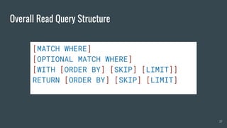 Overall Read Query Structure
27
[MATCH WHERE]
[OPTIONAL MATCH WHERE]
[WITH [ORDER BY] [SKIP] [LIMIT]]
RETURN [ORDER BY] [SKIP] [LIMIT]
 