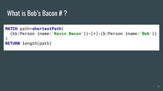 What is Bob’s Bacon # ?
35
MATCH path=shortestPath(
(kb:Person {name:'Kevin Bacon'})-[*]-(b:Person {name:'Bob'})
)
RETURN length(path)
 