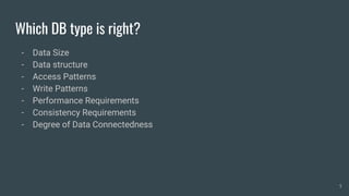 Which DB type is right?
- Data Size
- Data structure
- Access Patterns
- Write Patterns
- Performance Requirements
- Consistency Requirements
- Degree of Data Connectedness
5
 