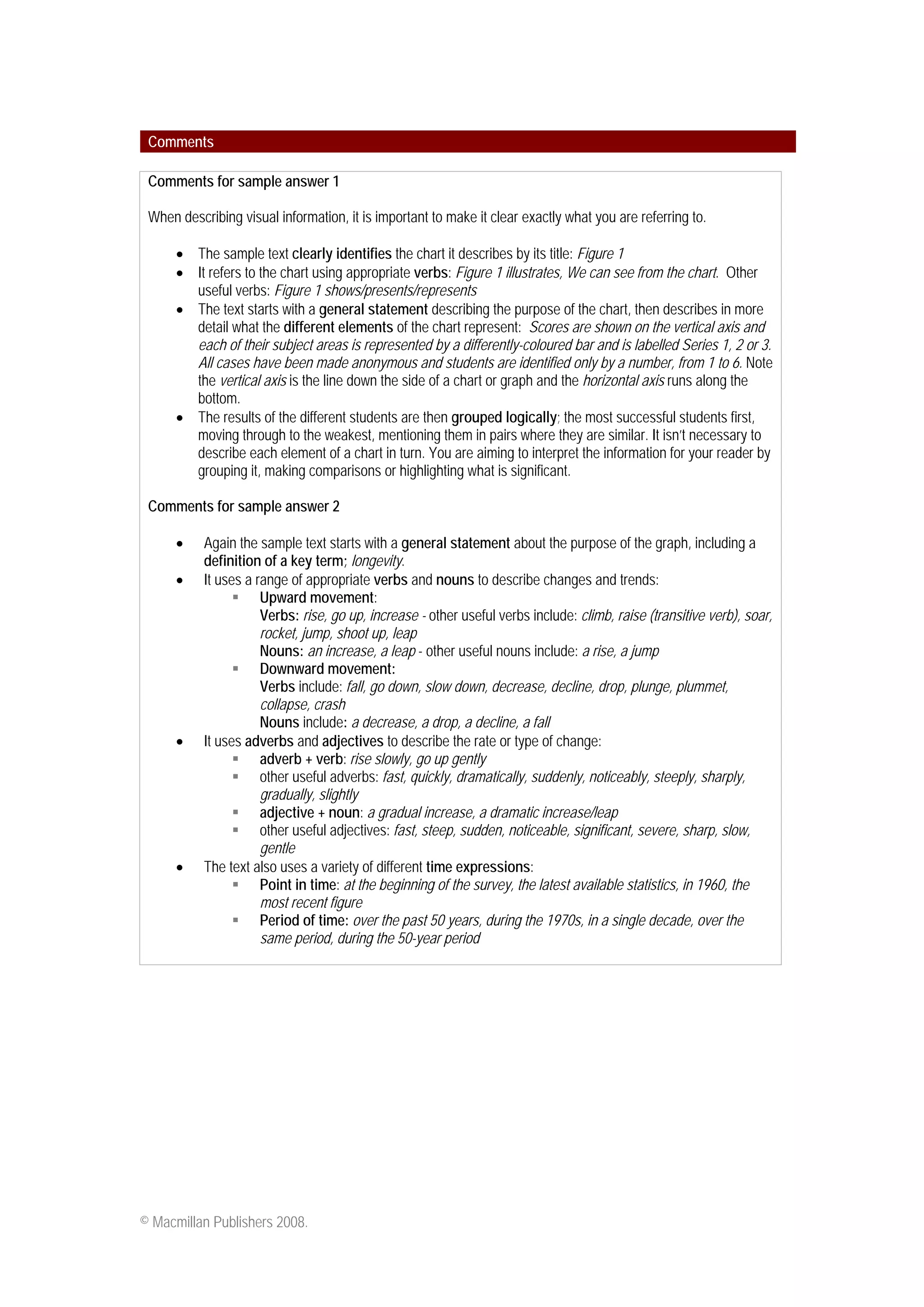Comments 
Comments for sample answer 1 
When describing visual information, it is important to make it clear exactly what you are referring to. 
• 
The sample text clearly identifies the chart it describes by its title: Figure 1 
• 
It refers to the chart using appropriate verbs: Figure 1 illustrates, We can see from the chart. Other useful verbs: Figure 1 shows/presents/represents 
• 
The text starts with a general statement describing the purpose of the chart, then describes in more detail what the different elements of the chart represent: Scores are shown on the vertical axis and each of their subject areas is represented by a differently-coloured bar and is labelled Series 1, 2 or 3. All cases have been made anonymous and students are identified only by a number, from 1 to 6. Note the vertical axis is the line down the side of a chart or graph and the horizontal axis runs along the bottom. 
• 
The results of the different students are then grouped logically; the most successful students first, moving through to the weakest, mentioning them in pairs where they are similar. It isn’t necessary to describe each element of a chart in turn. You are aiming to interpret the information for your reader by grouping it, making comparisons or highlighting what is significant. 
Comments for sample answer 2 
• 
Again the sample text starts with a general statement about the purpose of the graph, including a definition of a key term; longevity. 
• 
It uses a range of appropriate verbs and nouns to describe changes and trends: 
ƒ 
Upward movement: 
Verbs: rise, go up, increase - other useful verbs include: climb, raise (transitive verb), soar, rocket, jump, shoot up, leap 
Nouns: an increase, a leap - other useful nouns include: a rise, a jump 
ƒ 
Downward movement: 
Verbs include: fall, go down, slow down, decrease, decline, drop, plunge, plummet, collapse, crash 
Nouns include: a decrease, a drop, a decline, a fall 
• 
It uses adverbs and adjectives to describe the rate or type of change: 
ƒ 
adverb + verb: rise slowly, go up gently 
ƒ 
other useful adverbs: fast, quickly, dramatically, suddenly, noticeably, steeply, sharply, gradually, slightly 
ƒ 
adjective + noun: a gradual increase, a dramatic increase/leap 
ƒ 
other useful adjectives: fast, steep, sudden, noticeable, significant, severe, sharp, slow, gentle 
• 
The text also uses a variety of different time expressions: 
ƒ 
Point in time: at the beginning of the survey, the latest available statistics, in 1960, the most recent figure 
ƒ 
Period of time: over the past 50 years, during the 1970s, in a single decade, over the same period, during the 50-year period 
© Macmillan Publishers 2008. 
