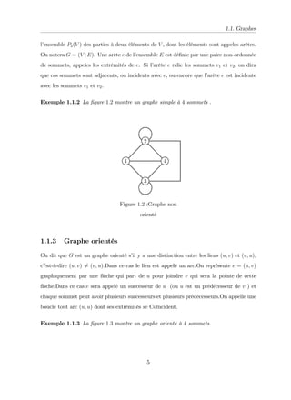 1.1. Graphes
l’
ensemble P2(V ) des parties à deux éléments de V , dont les éléments sont appeles arêtes.
On notera G = (V ; E). Une arête e de l’
ensemble E est dé…nie par une paire non-ordonnée
de sommets, appeles les extrémités de e. Si l’
arête e relie les sommets v1 et v2, on dira
que ces sommets sont adjacents, ou incidents avec e, ou encore que l’
arête e est incidente
avec les sommets v1 et v2.
Exemple 1.1.2 La …gure 1:2 montre un graphe simple à 4 sommets .
Figure 1:2 :Graphe non
orienté
1.1.3 Graphe orientés
On dit que G est un graphe orienté s’
il y a une distinction entre les liens (u; v) et (v; u);
c’
est-à-dire (u; v) 6= (v; u):Dans ce cas le lien est appelé un arc.On représente e = (u; v)
graphiquement par une ‡
èche qui part de u pour joindre v qui sera la pointe de cette
‡
èche.Dans ce cas,v sera appelé un successeur de u (ou u est un prédécesseur de v ) et
chaque sommet peut avoir plusieurs successeurs et plusieurs prédécesseurs.On appelle une
boucle tout arc (u; u) dont ses extrémités se Coïncident.
Exemple 1.1.3 La …gure 1:3 montre un graphe orienté à 4 sommets.
5
 