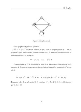 1.1. Graphes
Figure 1:3:Graphe orienté
Sous-graphes et graphes partiels
Soit G = (V; E) un graphe (orienté ou pas) alors un graphe partiel de G est un
graphe G
0
ayant pour sommets tous les sommets de G et pour arcs/arêtes seulement un
sous-ensemble de A,ce qui s’
écrit:
G
0
= (V; E
0
) avec E
0
E
Un sous-graphe de G est un graphe G
0
ayant pour sommets un sous-ensemble S
0
des
sommets de G et en ne conservant que les arcs/arêtes joignant les sommets de S
0
ce qui
s’
écrit :
G
0
= (S
0
; A
0
) avec S
0
S et A
0
= f(x; y) 2 Ajx 2 S
0
et y 2 S
0
g
Exemple 1.1.4 Le graphe partiel de G induit par A
0
= Anf(2; 2); (3; 2); (4; 3)g,et donné
par la …gure 1:4:
6
 