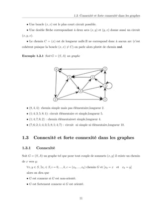1.3. Connexité et forte connexité dans les graphes
Une boucle (x; x) est le plus court circuit possible.
Une double ‡
èche correspondant à deux arcs (x; y) et (y; x) donne aussi un circuit
(x; y; x):
Le chemin C = (x) est de longueur nulle.Il ne correspond donc à aucun arc (c’
est
cohérent puisque la boucle (x; x) 6= C) on parle alors plutôt de chemin nul.
Exemple 1.2.1 Soit G = (S; A) un graphe
(8; 4; 4): chemin simple mais pas élémentaire,longueur 2:
(1; 4; 3; 5; 8; 1): circuit élémentaire et simple,longueur 5.
(1; 4; 7; 6; 2) : chemin élémentaireet simple,longueur 4.
(7; 6; 2; 1; 4; 3; 5; 8; 1; 4; 7) : circuit ni simple ni élémentaire,longueur 10:
1.3 Connexité et forte connexité dans les graphes
1.3.1 Connexité
Soit G = (S; A) un graphe tel que pour tout couple de sommets (x; y) il existe un chemin
de x vers y:
8x; y 2 S; 9xi 2 S; i = 0; :::; k; c = (x0; :::; xk) chemin G et [x0 = x et xk = y]
alors on dira que
G est connexe si G est non-orienté.
G est fortement connexe si G est orienté.
11
 