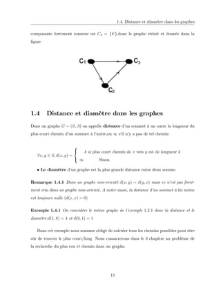 1.4. Distance et diamètre dans les graphes
composante fortement connexe est C3 = fFg,donc le graphe réduit et donnée dans la
…gure
1.4 Distance et diamètre dans les graphes
Dans un graphe G = (S; A) on appelle distance d’
un sommet à un autre la longueur du
plus court chemin d’
un sommet à l’
autre,ou 1 s’
il n’
y a pas de tel chemin:
8x; y 2 S; d(x; y) =
8
<
:
k si plus court chemin de x vers y est de longueur k
1 Sinon
Le diamètre d’
un graphe est la plus grande distance entre deux somme.
Remarque 1.4.1 Dans un graphe non-orienté d(x; y) = d(y; x) mais ce n’
est pas forcé-
ment vrai dans un graphe non-orienté, A noter aussi, la distance d’
un sommet à lui même
est toujours nulle (d(x; x) = 0)
Exemple 1.4.1 On concidère le même graphe de l’
exemple 1:2:1 donc la distance et le
diamètre:d(1; 8) = 4 et d(8; 1) = 1
Dans cet exemple nous sommes obligé de calculer tous les chemins possibles pour être
sûr de trouver le plus court/long Nous consacrerons dans le 3 chapitre au problème de
la recherche du plus cou rt chemin dans un graphe.
15
 