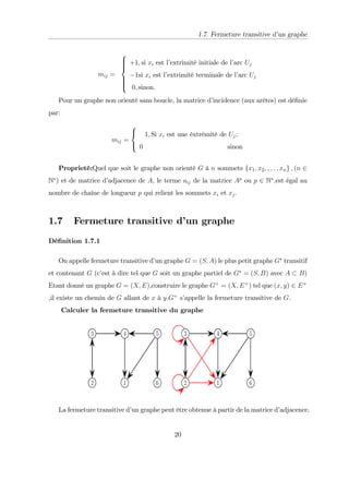 1.7. Fermeture transitive d’
un graphe
mij =
8
>
>
>
<
>
>
>
:
+1; si xi est l’
extrimité initiale de l’
arc Uj
1si xi est l’
extrimité terminale de l’
arc Uj
0; sinon.
Pour un graphe non orienté sans boucle, la matrice d’
incidence (aux arêtes) est dé…nie
par:
mij =
8
<
:
1; Si xi est une éxtrémité de Uj;
0 sinon
Proprieté:Quel que soit le graphe non orienté G à n sommets fx1; x2; ; ; ; ; xng ; (n 2
N ) et de matrice d’
adjacence de A, le terme aij de la matrice Ap
ou p 2 N ;est égal au
nombre de chaîne de longueur p qui relient les sommets xi et xj:
1.7 Fermeture transitive d’
un graphe
Dé…nition 1.7.1
On appelle fermeture transitive d’
un graphe G = (S; A) le plus petit graphe G transitif
et contenant G (c’
est à dire tel que G soit un graphe partiel de G = (S; B) avec A B)
Etant donné un graphe G = (X; E),construire le graphe G+
= (X; E+
) tel que (x; y) 2 E+
,il existe un chemin de G allant de x à y.G+
s’
appelle la fermeture transitive de G:
Calculer la fermeture transitive du graphe
La fermeture transitive d’
un graphe peut être obtenue à partir de la matrice d’
adjacence.
20
 