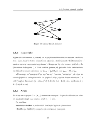 1.8. Quelque types de graphes
Figure 8:5-Graphe biparti Complet
1.8.5 Hypercube
Hypercube de dimension n , noté Qn est le graphe dont l’
ensemble des sommet , est formé
de n - uples, binaires et deux sommets sont adjacents , si et seulement s’
il di¤érent exacte-
ment au une seul composante (coordonnée ). Notons que Q0 = k1 (sommet isolé),Q1 = k2
(une chaîne de longueur 1) et d’
une manière générale, Qn peut être dé…ni récursivement
en utilisant la somme cartésienne par Qn+1 = Qn k2 ou bien Qn+1 = Qn Qn:
Un sommet s d’
un graphe G est une "racine " (resp.une " antiracine " s’
il existe un
chemin joignant s à chaque sommet du graphe G (resp .joignant chaque sommet de G à
s),à l’
exeption du sommet lui - même.C’
est -à-dire:8x 2 X fsg,il existe un chemin de s
à x (resp.de x à s).
1.8.6 Arbre
Un arbre est un graphe G = (X; U) connexe et sans cycle. D’
après la dé…nition,un arbre
est un graphe simple sans boucles, ayant (n 1) arcs.
On appellera:
racine de l’
arbre le seul sommet de G qui n’
a pas de prédécesseur.
feuilles de l’
arbre les sommets qui n’
ont pas de successeur.
26
 