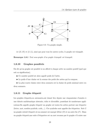 1.8. Quelque types de graphes
Figure 8:8: Un graphe simple.
ici fE; Hg et fI; Lg, ainsi que pour tous les autres cycles, le graphe est triangulé.
Remarque 1.8.1 Tout sous-graphe d’
un graphe triangulé est triangulé.
1.8.10 Graphes pondérés
On dit qu’
un graphe est pondéré si on a¤ecté à chaque arête un nombre positif (quel que
soit sa signi…cation).
I Ce nombre positif est alors appelé poids de l’
arête.
I Le poids d’
une chaîne est la somme des poids des arêtes qui la compose.
I La plus courte chaîne entre deux sommets est la chaîne de poids minimal entre ces
deux sommets.
1.8.11 Graphe étiqueté
Les graphes étiquetés,ou automates,ont donné lieu depuis une cinquantaine d’
années à
une théorie mathématique abstraite, riche et diversi…ée, possédant de nombreuses appli-
cations.On appelle graphe étiqueté un graphe où toutes les arêtes portent une étiquette
(lettre, mot, nombre,symbole, code,...). Ces symboles sont appelés des étiquettes. Soit G
un graphe orienté étiqueté où un sommet est marqué début (D) et un autre …n (F). Dans
un graphe étiqueté,une suite d’
étiquettes est un mot reconnu par le graphe s’
il existe une
29
 