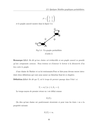 2.5. Quelques Modèles graphiques probabilistes.
P =
0
@
1
2
1
2
1
2
1
2
1
A
et le graphe associé montre dans la …gure 5:4.
Fig 5:4 : Un graphe probabiliste
d’
ordre 2:
Remarque 2.5.1 On dit qu’
une chaîne est irréductible si son graphe associé ne possède
qu’
une composante connexe. Nous tentons ici d’
amener le lecteur à la découverte d’
un
lien entre le graphe
d’
une chaîne de Markov et sa loi stationnaire.Pour se faire,nous devons encore intro-
duire deux dé…nitions qui vont nous mener au théorème …nal de ce chapitre.
Dé…nition 2.5.4 On dit que Ti est le temps de premier passage dans l’
état i si
Ti = inf fn 1; Xn = ig
Le temps moyen de premier retour en i est dé…ni comme
Ei(Ti):
On dira qu’
une chaîne est positivement récurrente si pour tous les états i on a la
propriété suivante
Ei(Ti) < 1:
46
 