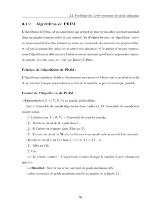 3.1. Problème de l’
arbre couvrant de poids minimum
3.1.2 Algorithme de PRIM
L’
algorithme de Prim, est un algorithme qui permet de trouver un arbre couvrant minimal
dans un graphe connexe valué et non orienté. En d’
autres termes, cet algorithme trouve
un sous-ensemble d’
arêtes formant un arbre sur l’
ensemble des sommets du graphe initial,
et tel que la somme des poids de ces arêtes soit minimale. Si le graphe n’
est pas connexe,
alors l’
algorithme ne déterminera l’
arbre couvrant minimal que d’
une composante connexe
du graphe. Il a ètè conçu en 1957 par Robert C.Prim.
Principe de l’
algorithme de PRIM :
L’
algorithme consiste à choisir arbitrairement un sommet et à faire croître un arbre à partir
de ce sommet.Chaque augmentation se fait de la manière la plus économique possible.
Enoncé de l’
Algorithme de PRIM :
)Données:Soit G = (X; E; P) un graphe probabiliste,
Soit I l’
ensemble de nœuds déja inclus dans l’
arbre et NI l’
ensemble de nœuds non
encore inclus,
(0).Initialisation :I = ;; NI = l’
ensemble de tous les nœuds;
(1). Mettre le nœud de d´ epart dans I ;
(2). Si l’
arbre est connexe alors Aller au (5);
(3). Trouver un nœud de NI dont la distance à un nœud quelconque a de I est minimal.
On relié ce nœud a au b et faire I = I [ b; NI = NI b;
(4). Aller au (3);
(5):Fin.
=) Le critère d’
arrête : L’
algorithme s’
arrête lorsque le nombre d’
arcs retenus est
égal à n.
=)Résultat :Trouver un arbre couvrant de poids minimum deG.
l’
arbre couvrante de poids minimum associé au graphe de la …gure 3:1 :
50
 