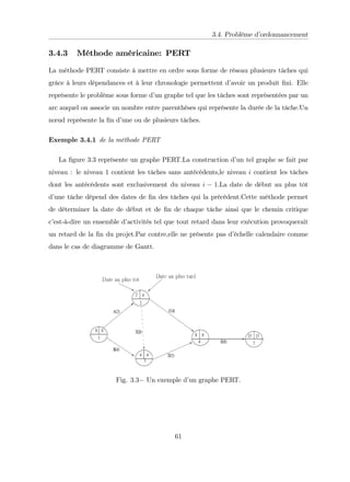 3.4. Problème d’
ordonnancement
3.4.3 Méthode américaine: PERT
La méthode PERT consiste à mettre en ordre sous forme de réseau plusieurs tâches qui
grâce à leurs dépendances et à leur chronologie permettent d’
avoir un produit …ni. Elle
représente le problème sous forme d’
un graphe tel que les tâches sont représentées par un
arc auquel on associe un nombre entre parenthèses qui représente la durée de la tâche.Un
nœud représente la …n d’
une ou de plusieurs tâches.
Exemple 3.4.1 de la méthode PERT
La …gure 3.3 représente un graphe PERT.La construction d’
un tel graphe se fait par
niveau : le niveau 1 contient les tâches sans antécédents,le niveau i contient les tâches
dont les antécédents sont exclusivement du niveau i 1.La date de début au plus tôt
d’
une tâche dépend des dates de …n des tâches qui la précèdent.Cette méthode permet
de déterminer la date de début et de …n de chaque tâche ainsi que le chemin critique
c’
est-à-dire un ensemble d’
activités tel que tout retard dans leur exécution provoquerait
un retard de la …n du projet.Par contre,elle ne présente pas d’
échelle calendaire comme
dans le cas de diagramme de Gantt.
Fig. 3:3 Un exemple d’
un graphe PERT.
61
 
