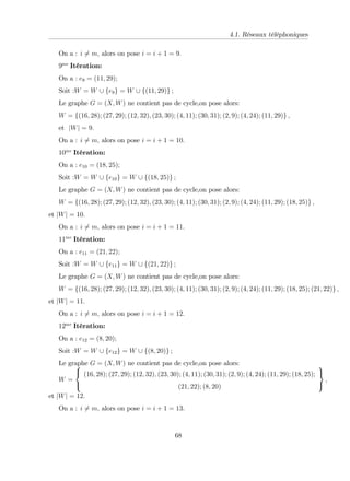 4.1. Réseaux téléphoniques
On a : i 6= m; alors on pose i = i + 1 = 9:
9me
Itération:
On a : e9 = (11; 29);
Soit :W = W [ fe9g = W [ f(11; 29)g ;
Le graphe G = (X; W) ne contient pas de cycle,on pose alors:
W = f(16; 28); (27; 29); (12; 32); (23; 30); (4; 11); (30; 31); (2; 9); (4; 24); (11; 29)g ;
et jWj = 9:
On a : i 6= m; alors on pose i = i + 1 = 10:
10me
Itération:
On a : e10 = (18; 25);
Soit :W = W [ fe10g = W [ f(18; 25)g ;
Le graphe G = (X; W) ne contient pas de cycle,on pose alors:
W = f(16; 28); (27; 29); (12; 32); (23; 30); (4; 11); (30; 31); (2; 9); (4; 24); (11; 29); (18; 25)g ;
et jWj = 10:
On a : i 6= m; alors on pose i = i + 1 = 11:
11me
Itération:
On a : e11 = (21; 22);
Soit :W = W [ fe11g = W [ f(21; 22)g ;
Le graphe G = (X; W) ne contient pas de cycle,on pose alors:
W = f(16; 28); (27; 29); (12; 32); (23; 30); (4; 11); (30; 31); (2; 9); (4; 24); (11; 29); (18; 25); (21; 22)g ;
et jWj = 11:
On a : i 6= m; alors on pose i = i + 1 = 12:
12me
Itération:
On a : e12 = (8; 20);
Soit :W = W [ fe12g = W [ f(8; 20)g ;
Le graphe G = (X; W) ne contient pas de cycle,on pose alors:
W =
8
<
:
(16; 28); (27; 29); (12; 32); (23; 30); (4; 11); (30; 31); (2; 9); (4; 24); (11; 29); (18; 25);
(21; 22); (8; 20)
9
=
;
;
et jWj = 12:
On a : i 6= m; alors on pose i = i + 1 = 13:
68
 