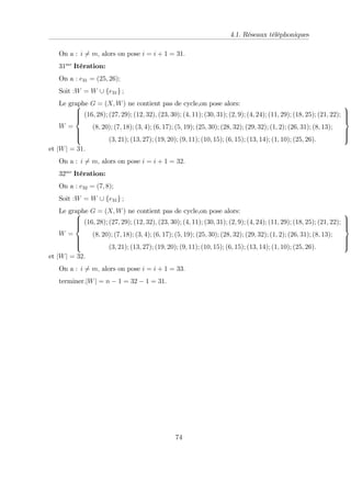 4.1. Réseaux téléphoniques
On a : i 6= m; alors on pose i = i + 1 = 31:
31me
Itération:
On a : e31 = (25; 26);
Soit :W = W [ fe31g ;
Le graphe G = (X; W) ne contient pas de cycle,on pose alors:
W =
8
>
>
>
<
>
>
>
:
(16; 28); (27; 29); (12; 32); (23; 30); (4; 11); (30; 31); (2; 9); (4; 24); (11; 29); (18; 25); (21; 22);
(8; 20); (7; 18); (3; 4); (6; 17); (5; 19); (25; 30); (28; 32); (29; 32); (1; 2); (26; 31); (8; 13);
(3; 21); (13; 27); (19; 20); (9; 11); (10; 15); (6; 15); (13; 14); (1; 10); (25; 26):
9
>
>
>
=
>
>
>
;
;
et jWj = 31:
On a : i 6= m; alors on pose i = i + 1 = 32:
32me
Itération:
On a : e32 = (7; 8);
Soit :W = W [ fe31g ;
Le graphe G = (X; W) ne contient pas de cycle,on pose alors:
W =
8
>
>
>
<
>
>
>
:
(16; 28); (27; 29); (12; 32); (23; 30); (4; 11); (30; 31); (2; 9); (4; 24); (11; 29); (18; 25); (21; 22);
(8; 20); (7; 18); (3; 4); (6; 17); (5; 19); (25; 30); (28; 32); (29; 32); (1; 2); (26; 31); (8; 13);
(3; 21); (13; 27); (19; 20); (9; 11); (10; 15); (6; 15); (13; 14); (1; 10); (25; 26):
9
>
>
>
=
>
>
>
;
;
et jWj = 32:
On a : i 6= m; alors on pose i = i + 1 = 33:
terminer.jWj = n 1 = 32 1 = 31:
74
 