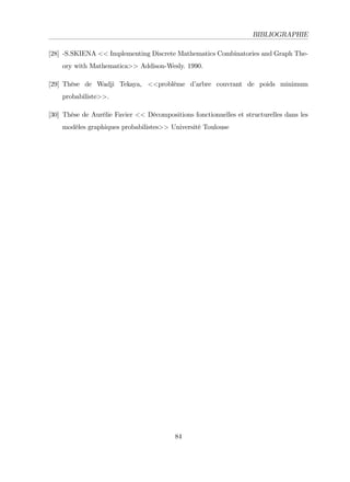 BIBLIOGRAPHIE
[28] -S.SKIENA << Implementing Discrete Mathematics Combinatories and Graph The-
ory with Mathematica>> Addison-Wesly. 1990.
[29] Thèse de Wadji Tekaya, <<problème d’
arbre couvrant de poids minimum
probabiliste>>.
[30] Thèse de Aurélie Favier << Décompositions fonctionnelles et structurelles dans les
modèles graphiques probabilistes>> Université Toulouse
84
 
