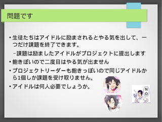 問題です
●
生徒たちはアイドルに励まされるとやる気を出して、一
つだけ課題を終了できます。
– 課題は励ましたアイドルがプロジェクトに提出します
●
飽きぽいので二度目はやる気が出ません
●
プロジェクトリーダーも飽きっぽいので同じアイドルか
ら1個しか課題を受け取りません。
●
アイドルは何人必要でしょうか。
 