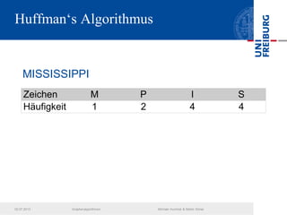 Huffman‘s Algorithmus
MISSISSIPPI
Zeichen M P I S
Häufigkeit 1 2 4 4
02.07.2013 Graphenalgorithmen Michael Hummel & Martin Ebner
 