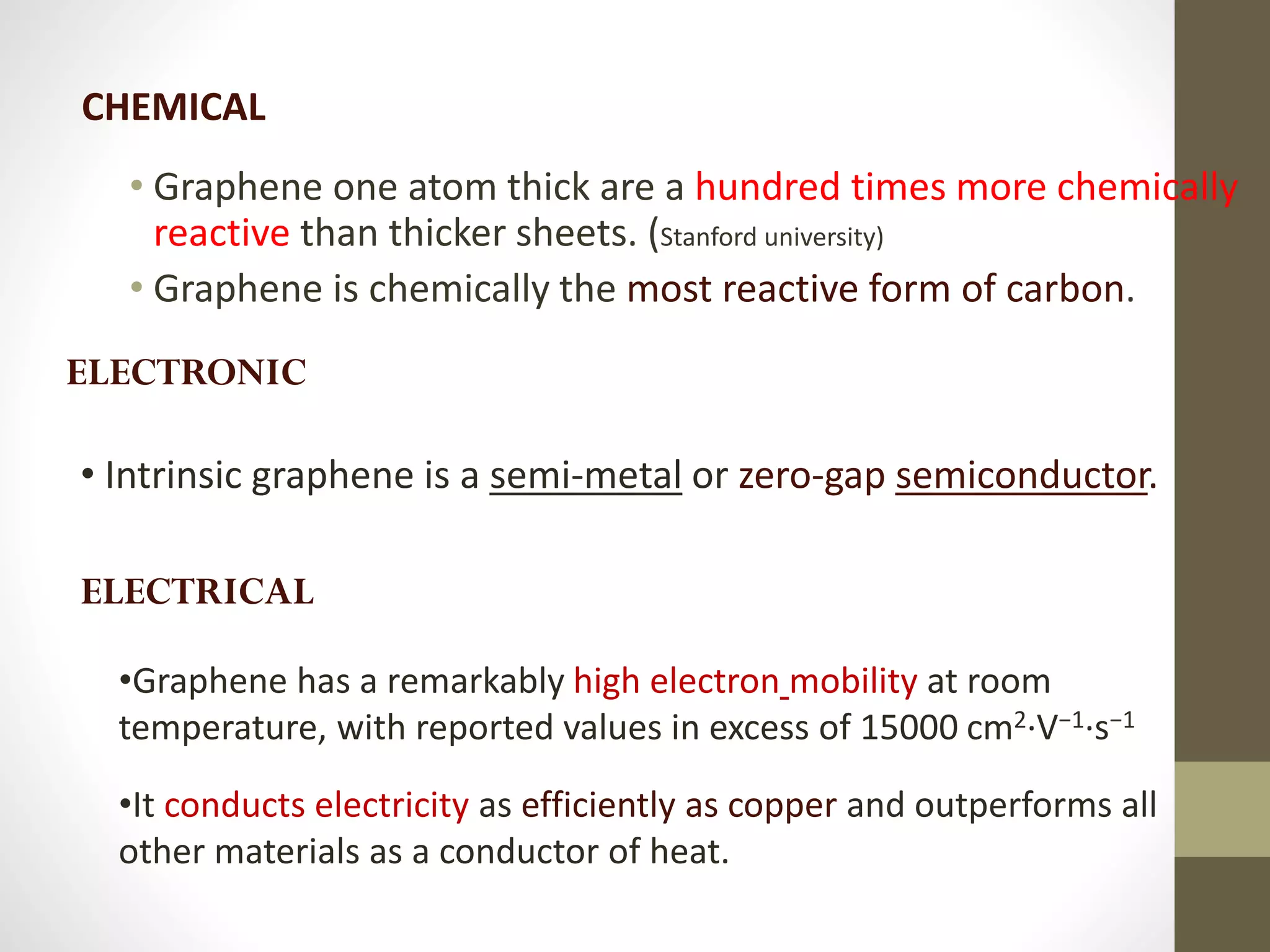 • Graphene one atom thick are a hundred times more chemically
reactive than thicker sheets. (Stanford university)
• Graphene is chemically the most reactive form of carbon.
CHEMICAL
ELECTRONIC
• Intrinsic graphene is a semi-metal or zero-gap semiconductor.
ELECTRICAL
•Graphene has a remarkably high electron mobility at room
temperature, with reported values in excess of 15000 cm2·V−1·s−1
•It conducts electricity as efficiently as copper and outperforms all
other materials as a conductor of heat.
 