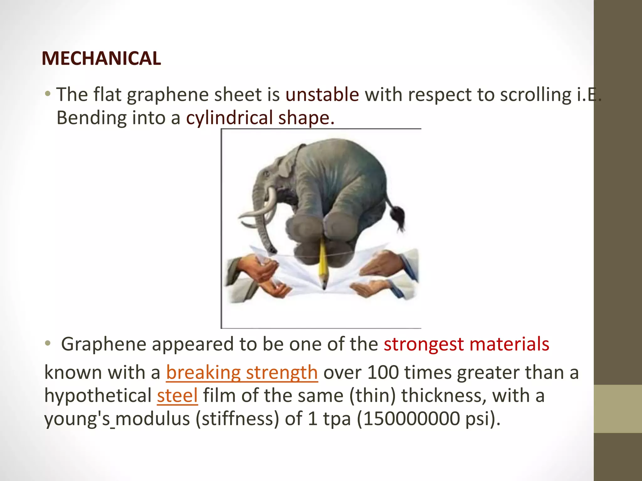 • The flat graphene sheet is unstable with respect to scrolling i.E.
Bending into a cylindrical shape.
• Graphene appeared to be one of the strongest materials
known with a breaking strength over 100 times greater than a
hypothetical steel film of the same (thin) thickness, with a
young's modulus (stiffness) of 1 tpa (150000000 psi).
MECHANICAL
 