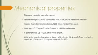 • Strongest material ever discovered
• Tensile strength 130GPa compared to A36 structural steel with 400MPa.
• Harder than diamond and about 200 times harder than steel.
• Very light - 0.77mg/m2 i.e 1m2 paper is 1000 times heavier
• It is stretchable up to 20% of its initial length.
• AFM test shows that graphene sheets with atomic thickness 2-8 nm had spring
constant 1-5N/m and Young’s modulus 0.5 – 1TPa
17
 