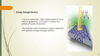 • Energy Storage Devices
• Due to extremely high surface area to mass
ratio of graphene, it is used in conductive
plates of superconductors
• It could be used to produce super capacitor
with greater energy storage density.
26
 