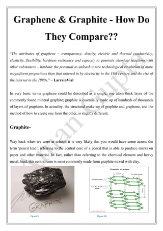 Graphene & Graphite - How Do
They Compare??
“The attributes of graphene – transparency, density, electric and thermal conductivity,
elasticity, flexibility, hardness resistance and capacity to generate chemical reactions with
other substances – harbour the potential to unleash a new technological revolution of more
magnificent proportions than that ushered in by electricity in the 19th century and the rise of
the internet in the 1990s.” – LarrainVial
In very basic terms graphene could be described as a single, one atom thick layer of the
commonly found mineral graphite; graphite is essentially made up of hundreds of thousands
of layers of graphene. In actuality, the structural make-up of graphite and graphene, and the
method of how to create one from the other, is slightly different.
Graphite-
Way back when we were at school, it is very likely that you would have come across the
term ‘pencil lead’, referring to the central core of a pencil that is able to produce marks on
paper and other material. In fact, rather than referring to the chemical element and heavy
metal, lead, this central core is most commonly made from graphite mixed with clay.
Figure 9 Figure 10
 