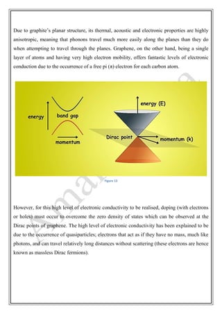 Due to graphite’s planar structure, its thermal, acoustic and electronic properties are highly
anisotropic, meaning that phonons travel much more easily along the planes than they do
when attempting to travel through the planes. Graphene, on the other hand, being a single
layer of atoms and having very high electron mobility, offers fantastic levels of electronic
conduction due to the occurrence of a free pi (π) electron for each carbon atom.
Figure 13
However, for this high level of electronic conductivity to be realised, doping (with electrons
or holes) must occur to overcome the zero density of states which can be observed at the
Dirac points of graphene. The high level of electronic conductivity has been explained to be
due to the occurrence of quasiparticles; electrons that act as if they have no mass, much like
photons, and can travel relatively long distances without scattering (these electrons are hence
known as massless Dirac fermions).
 