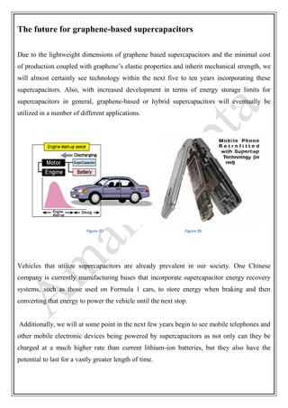 The future for graphene-based supercapacitors
Due to the lightweight dimensions of graphene based supercapacitors and the minimal cost
of production coupled with graphene’s elastic properties and inherit mechanical strength, we
will almost certainly see technology within the next five to ten years incorporating these
supercapacitors. Also, with increased development in terms of energy storage limits for
supercapacitors in general, graphene-based or hybrid supercapacitors will eventually be
utilized in a number of different applications.
Figure 25 Figure 26
Vehicles that utilize supercapacitors are already prevalent in our society. One Chinese
company is currently manufacturing buses that incorporate supercapacitor energy recovery
systems, such as those used on Formula 1 cars, to store energy when braking and then
converting that energy to power the vehicle until the next stop.
Additionally, we will at some point in the next few years begin to see mobile telephones and
other mobile electronic devices being powered by supercapacitors as not only can they be
charged at a much higher rate than current lithium-ion batteries, but they also have the
potential to last for a vastly greater length of time.
 