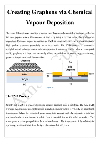 Creating Graphene via Chemical
Vapour Deposition
There are different ways in which graphene monolayers can be created or isolated, but by far
the most popular way at this moment in time is by using a process called chemical vapour
deposition. Chemical vapour deposition, or CVD, is a method which can produce relatively
high quality graphene, potentially on a large scale. The CVD process is reasonably
straightforward, although some specialist equipment is necessary, and in order to create good
quality graphene it is important to strictly adhere to guidelines set concerning gas volumes,
pressure, temperature, and time duration.
Figure 27
The CVD Process
Simply put, CVD is a way of depositing gaseous reactants onto a substrate. The way CVD
works is by combining gas molecules in a reaction chamber which is typically set at ambient
temperature. When the combined gases come into contact with the substrate within the
reaction chamber a reaction occurs that create a material film on the substrate surface. The
waste gases are then pumped from the reaction chamber. The temperature of the substrate is
a primary condition that defines the type of reaction that will occur.
 