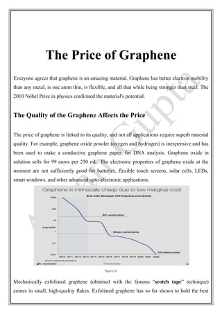 The Price of Graphene
Everyone agrees that graphene is an amazing material. Graphene has better electron mobility
than any metal, is one atom thin, is flexible, and all that while being stronger than steel. The
2010 Nobel Prize in physics confirmed the material's potential.
The Quality of the Graphene Affects the Price
The price of graphene is linked to its quality, and not all applications require superb material
quality. For example, graphene oxide powder (oxygen and hydrogen) is inexpensive and has
been used to make a conductive graphene paper, for DNA analysis. Graphene oxide in
solution sells for 99 euros per 250 mL. The electronic properties of graphene oxide at the
moment are not sufficiently good for batteries, flexible touch screens, solar cells, LEDs,
smart windows, and other advanced opto-electronic applications.
Figure 31
Mechanically exfoliated graphene (obtained with the famous “scotch tape” technique)
comes in small, high-quality flakes. Exfoliated graphene has so far shown to hold the best
 