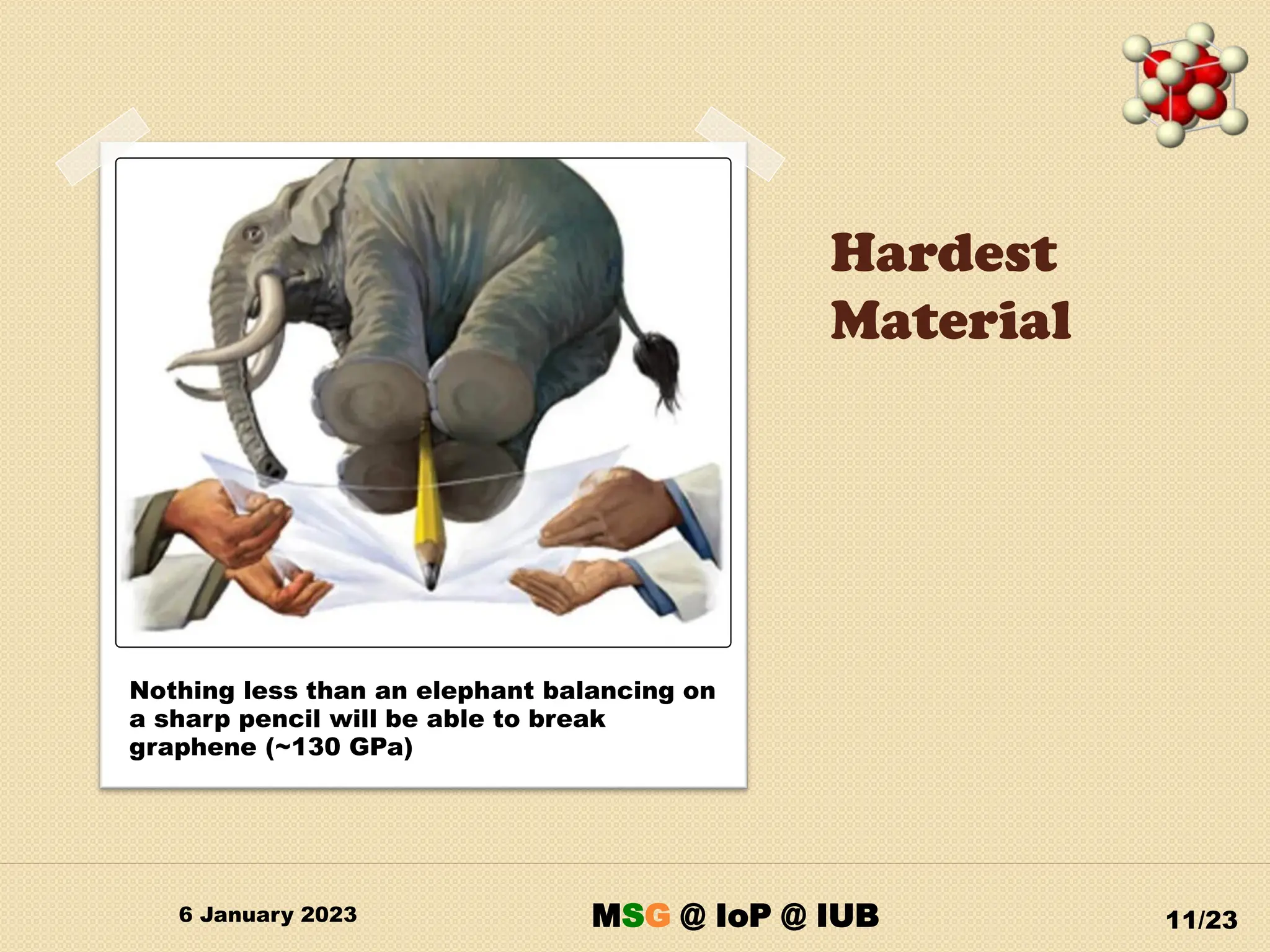 Hardest
Material
6 January 2023 11/23
Nothing less than an elephant balancing on
a sharp pencil will be able to break
graphene (~130 GPa)
MSG @ IoP @ IUB
 