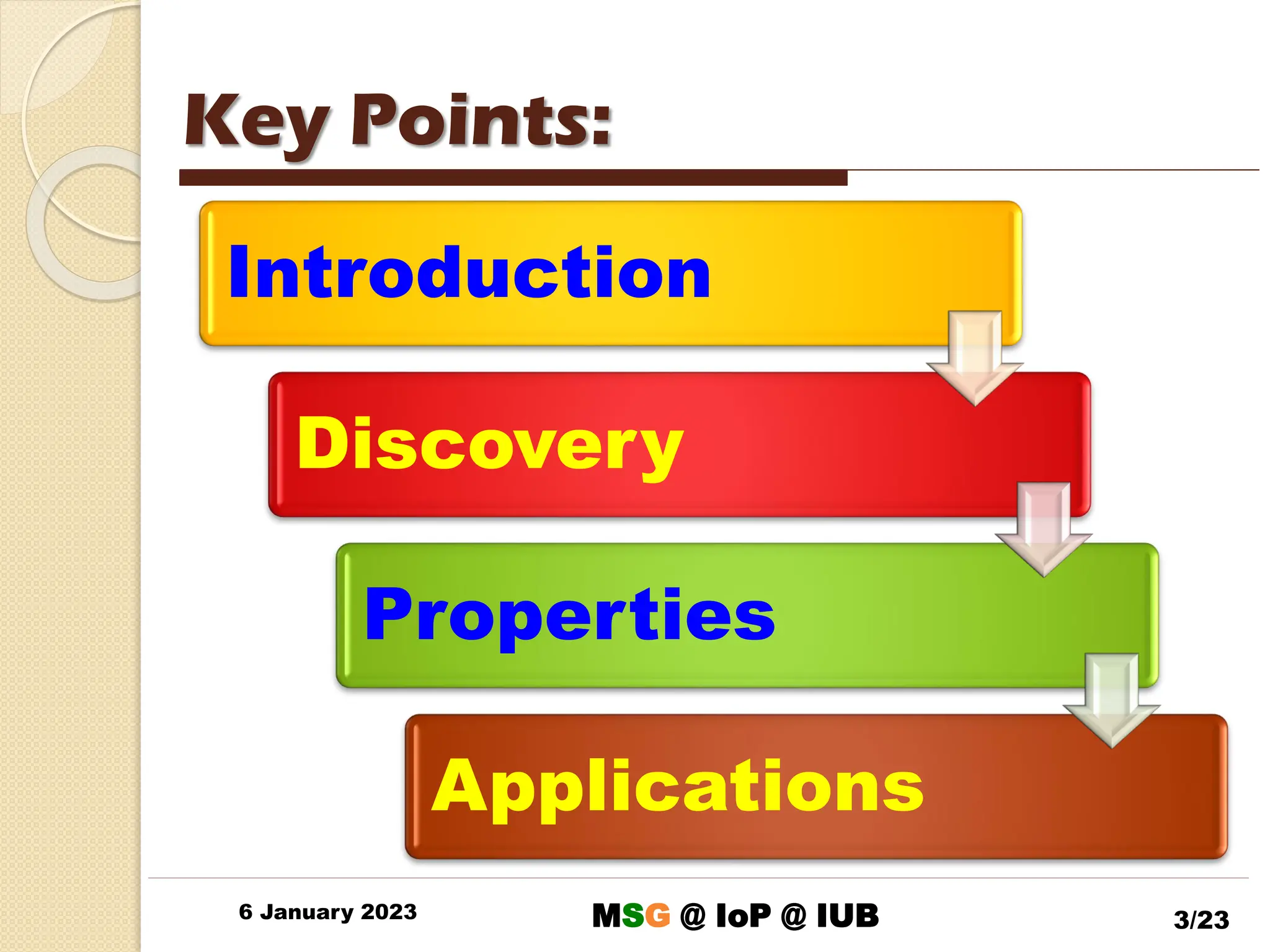 Key Points:
6 January 2023 3/23
Introduction
Discovery
Properties
Applications
MSG @ IoP @ IUB
 