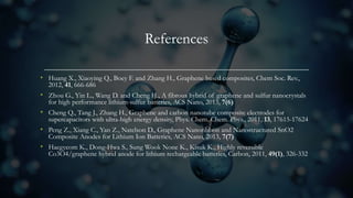 References
• Huang X., Xiaoying Q., Boey F. and Zhang H., Graphene based composites, Chem Soc. Rev.,
2012, 41, 666-686
• Zhou G., Yin L., Wang D. and Cheng H., A fibrous hybrid of graphene and sulfur nanocrystals
for high performance lithium-sulfur batteries, ACS Nano, 2013, 7(6)
• Cheng Q., Tang J., Zhang H., Graphene and carbon nanotube composite electrodes for
supercapacitors with ultra-high energy density, Phys. Chem. Chem. Phys., 2011, 13, 17615-17624
• Peng Z., Xiang C., Yan Z., Natelson D., Graphene Nanoribbon and Nanostructured SnO2
Composite Anodes for Lithium Ion Batteries, ACS Nano, 2013, 7(7)
• Haegyeom K., Dong-Hwa S., Sung Wook None K., Kisuk K., Highly reversible
Co3O4/graphene hybrid anode for lithium rechargeable batteries, Carbon, 2011, 49(1), 326-332
 