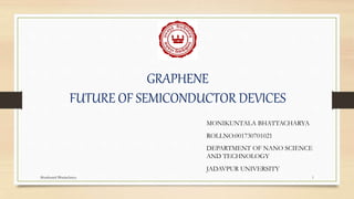 GRAPHENE
FUTURE OF SEMICONDUCTOR DEVICES
MONIKUNTALA BHATTACHARYA
ROLLNO:001730701021
DEPARTMENT OF NANO SCIENCE
AND TECHNOLOGY
JADAVPUR UNIVERSITY
1Monikuntal Bhattacharya
 