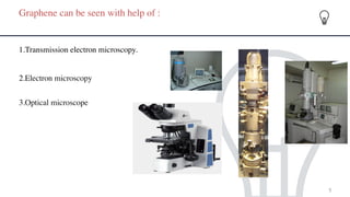 Graphene can be seen with help of :
1.Transmission electron microscopy
.

2.Electron microscop
y

 
3.Optical microscope
5
 