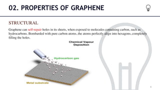 02. PROPERTIES OF GRAPHENE
STRUCTURAL
Graphene can self-repair holes in its sheets, when exposed to molecules containing carbon, such as
hydrocarbons. Bombarded with pure carbon atoms, the atoms perfectly align into hexagons, completely
fi
lling the holes.
6
 