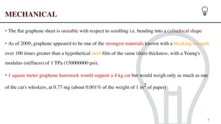 MECHANICAL
 

• The
fl
at graphene sheet is unstable with respect to scrolling i.e. bending into a cylindrical shape
• As of 2009, graphene appeared to be one of the strongest materials known with a breaking strength
over 100 times greater than a hypothetical steel
fi
lm of the same (thin) thickness, with a Young's
modulus (stiffness) of 1 TPa (150000000 psi).
• 1 square meter graphene hammock would support a 4 kg cat but would weigh only as much as one
of the cat's whiskers, at 0.77 mg (about 0.001% of the weight of 1 m2 of paper)
9
 
