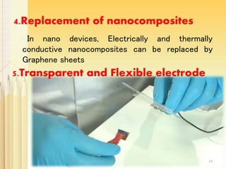 4.Replacement of nanocomposites
In nano devices, Electrically and thermally
conductive nanocomposites can be replaced by
Graphene sheets
5.Transparent and Flexible electrode
19
 