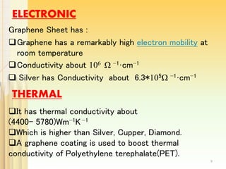 ELECTRONIC
Graphene Sheet has :
Graphene has a remarkably high electron mobility at
room temperature
Conductivity about 106 Ω −1·cm−1
 Silver has Conductivity about 6.3*105Ω −1·cm−1
THERMAL
It has thermal conductivity about
(4400- 5780)Wm−1K −1
Which is higher than Silver, Cupper, Diamond.
A graphene coating is used to boost thermal
conductivity of Polyethylene terephalate(PET).
9
 
