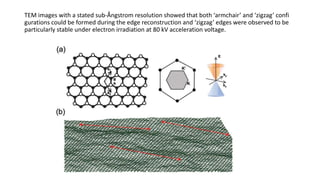 TEM images with a stated sub-Ångstrom resolution showed that both ‘armchair’ and ‘zigzag’ confi
gurations could be formed during the edge reconstruction and ‘zigzag’ edges were observed to be
particularly stable under electron irradiation at 80 kV acceleration voltage.
 