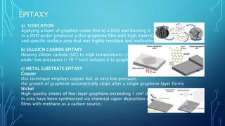 EPITAXY
a) SONICATION
Applying a layer of graphite oxide film to a DVD and burning it
in a DVD writer produced a thin graphene film with high electrical conductivity
and specific surface area that was highly resistant and malleable
c) METAL SUBSTRATE EPITAXY
Copper
this technique employs copper foil; at very low pressure,
the growth of graphene automatically stops after a single graphene layer forms
Nickel
High-quality sheets of few-layer graphene exceeding 1 cm2 (0.2 sq in)
in area have been synthesized via chemical vapor deposition on thin nickel
films with methane as a carbon source.
b) SILLIOCN CARBIDE EPITAXY
Heating silicon carbide (SiC) to high temperatures (>1100 °C)
under low pressures (~10−6 torr) reduces it to graphene.
 