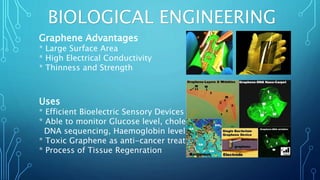 BIOLOGICAL ENGINEERING
Graphene Advantages
* Large Surface Area
* High Electrical Conductivity
* Thinness and Strength
Uses
* Efficient Bioelectric Sensory Devices
* Able to monitor Glucose level, cholesterol
DNA sequencing, Haemoglobin level etc
* Toxic Graphene as anti-cancer treatment
* Process of Tissue Regenration
 