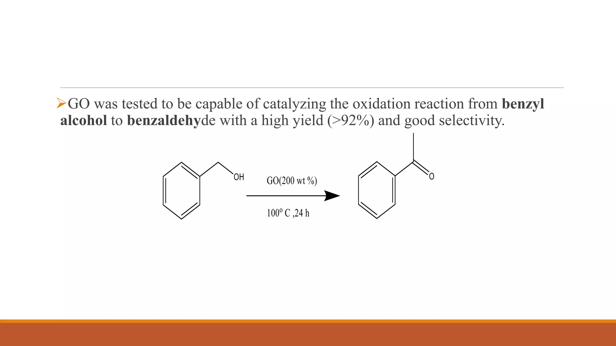 GO was tested to be capable of catalyzing the oxidation reaction from benzyl
alcohol to benzaldehyde with a high yield (>92%) and good selectivity.
 