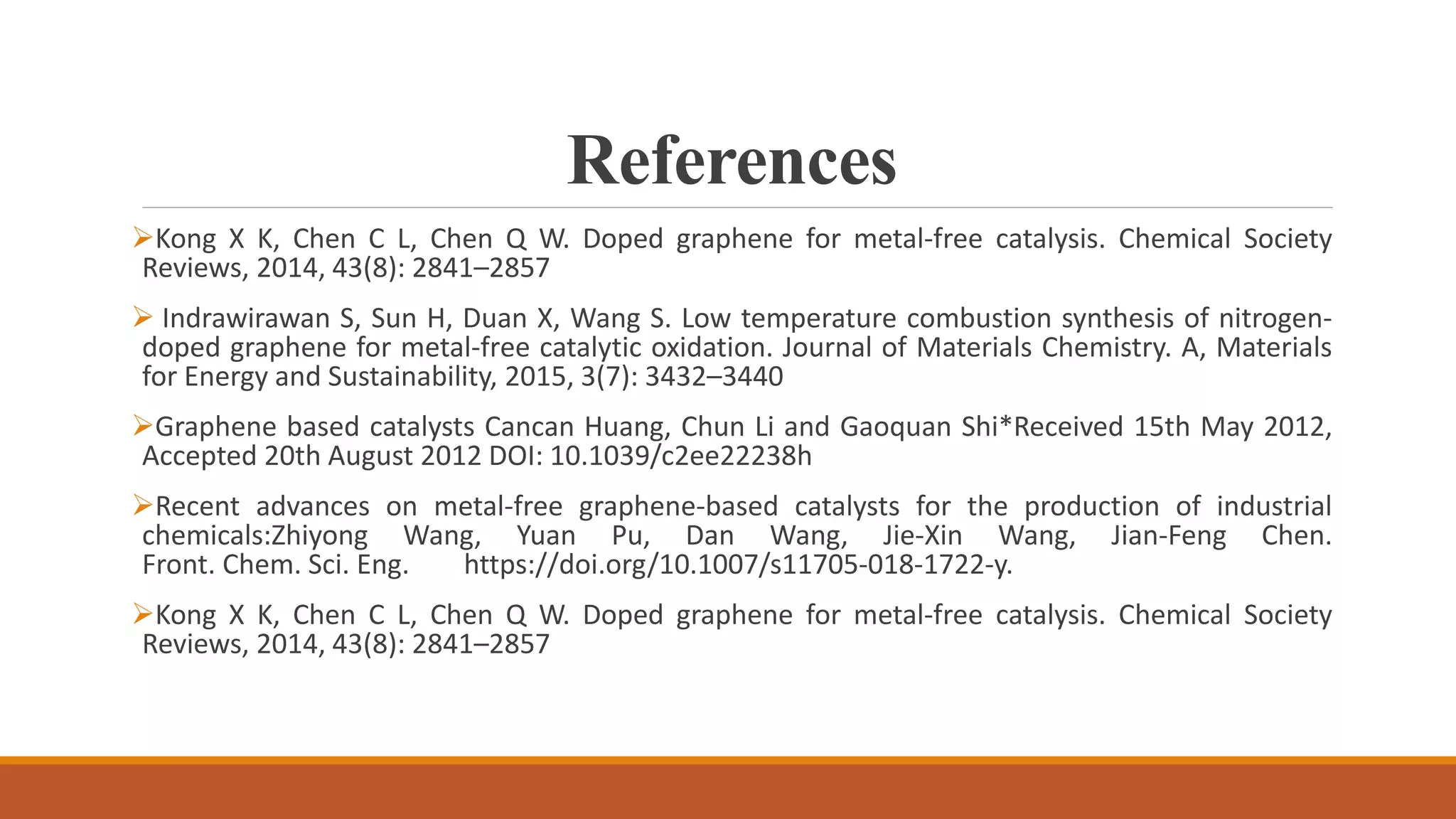 References
Kong X K, Chen C L, Chen Q W. Doped graphene for metal-free catalysis. Chemical Society
Reviews, 2014, 43(8): 2841–2857
 Indrawirawan S, Sun H, Duan X, Wang S. Low temperature combustion synthesis of nitrogen-
doped graphene for metal-free catalytic oxidation. Journal of Materials Chemistry. A, Materials
for Energy and Sustainability, 2015, 3(7): 3432–3440
Graphene based catalysts Cancan Huang, Chun Li and Gaoquan Shi*Received 15th May 2012,
Accepted 20th August 2012 DOI: 10.1039/c2ee22238h
Recent advances on metal-free graphene-based catalysts for the production of industrial
chemicals:Zhiyong Wang, Yuan Pu, Dan Wang, Jie-Xin Wang, Jian-Feng Chen.
Front. Chem. Sci. Eng. https://doi.org/10.1007/s11705-018-1722-y.
Kong X K, Chen C L, Chen Q W. Doped graphene for metal-free catalysis. Chemical Society
Reviews, 2014, 43(8): 2841–2857
 