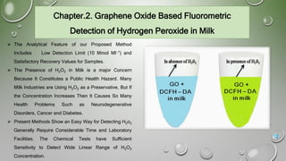 Chapter.2. Graphene Oxide Based Fluorometric
Detection of Hydrogen Peroxide in Milk
 The Analytical Feature of our Proposed Method
Includes Low Detection Limit (10 Mmol Ml−1) and
Satisfactory Recovery Values for Samples.
 The Presence of H2O2 in Milk is a major Concern
Because It Constitutes a Public Health Hazard. Many
Milk Industries are Using H2O2 as a Preservative, But If
the Concentration Increases Then It Causes So Many
Health Problems Such as Neurodegenerative
Disorders, Cancer and Diabetes.
 Present Methods Show an Easy Way for Detecting H2o2
Generally Require Considerable Time and Laboratory
Facilities. The Chemical Tests have Sufficient
Sensitivity to Detect Wide Linear Range of H2O2
Concentration.
12
 