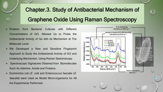 Chapter.3. Study of Antibacterial Mechanism of
Graphene Oxide Using Raman Spectroscopy
 Proteins from Bacterial Cultures with Different
Concentrations of GO, Allowed Us to Probe the
Antibacterial Activity of Go with its Mechanism at The
Molecular Level.
 We Developed a New and Sensitive Fingerprint
Approach to Study the Antibacterial Activity of GO and
Underlying Mechanism, Using Raman Spectroscopy.
 Spectroscopic Signatures Obtained from Biomolecules
Such As Adenine, Amide and Proteins.
 Escherichia coli (E. coli) and Enterococcus faecalis (E.
faecalis) were Used as Model Micro-organisms for All
the Experiments Performed.
17
 