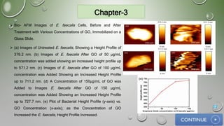 Chapter-3
 Bio- AFM Images of E. faecalis Cells, Before and After
Treatment with Various Concentrations of GO, Immobilized on a
Glass Slide.
 (a) Images of Untreated E. faecalis, Showing a Height Profile of
376.2 nm. (b) Images of E. faecalis After GO of 50 µg/mL
concentration was added showing an increased height profile up
to 571.2 nm. (c) Images of E. faecalis after GO of 100 µg/mL
concentration was Added Showing an Increased Height Profile
up to 711.2 nm. (d) A Concentration of 150µg/mL of GO was
Added to Images E. faecalis After GO of 150 µg/mL
concentration was Added Showing an Increased Height Profile
up to 727.7 nm. (e) Plot of Bacterial Height Profile (y-axis) vs.
GO Concentration (x-axis); as the Concentration of GO
Increased the E. faecalis, Height Profile Increased.
22
 