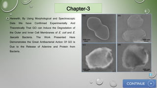 Chapter-3
 Herewith, By Using Morphological and Spectroscopic
Data We have Confirmed Experimentally And
Theoretically That GO can Induce the Degradation of
the Outer and Inner Cell Membranes of E. coli and E.
faecalis Bacteria. The Work Presented Here
Demonstrates the Great Antibacterial Action Of GO is
Due to the Release of Adenine and Protein from
Bacteria.
23
 