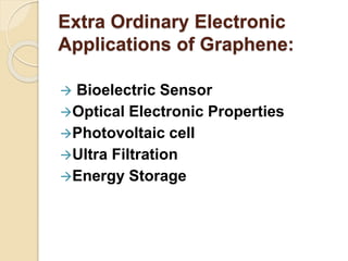 Extra Ordinary Electronic
Applications of Graphene:
 Bioelectric Sensor
Optical Electronic Properties
Photovoltaic cell
Ultra Filtration
Energy Storage
 