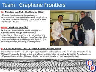 Team: Graphene Frontiers
EL: Zhengtang Luo, PhD – Chief Science Officer
10+ years experience in synthesis of carbon
nanomaterials and product development for applications
in the area of materials chemistry, chemical separation
and electronic devices.

Mentor: Mike Patterson – CEO
Experienced entrepreneurial leader, manager, and
trusted adviser to startups and Fortune 500
companies, providing expertise in growth strategy and
international operations. Patterson is an Executive MBA
candidate (Entrepreneurial Management, April 2012) at
the Wharton School, University of Pennsylvania.


PI: A.T. Charlie Johnson, PhD – Founder, Scientific Advisory Board
Known internationally for his work in graphene electronics and carbon nanotube electronics. IP from his lab on
DNA-carbon nanotube devices for use in an electronic nose system pursued by Nanosense. An author of over
130 peer-reviewed articles, Johnson holds two issued patents, with 18 other patents submitted.
 